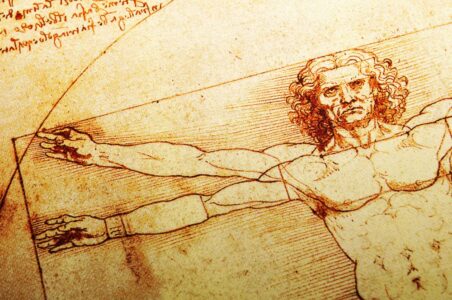 Rome, Italy - 30 March, 2012: Replica of the famous Vitruvian Man drawing created by Leonardo da Vinci